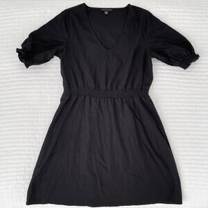 Saks Fifth Avenue Puff Sleeve V-Neck A-Line Linen Mini Dress in Black Size M